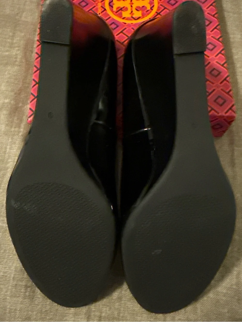 Tory Burch Black Patent Logo Round-Toe Heels with Gold Trim